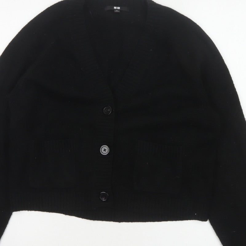 Uniqlo Women Black XS V-Neck Button Knit Cardigan with Pockets
