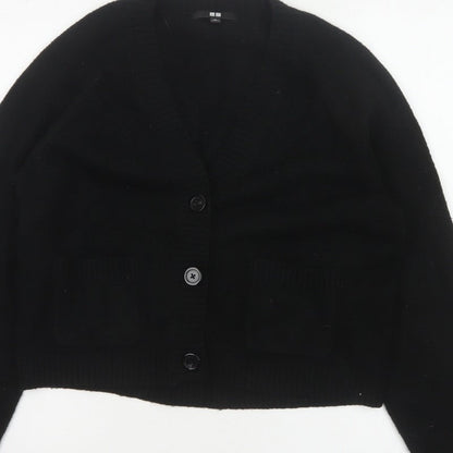Uniqlo Women Black XS V-Neck Button Knit Cardigan with Pockets