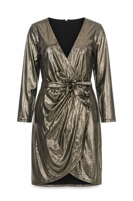 New Look Women Gold Metallic Wrap Dress UK 10 Long Sleeve Party