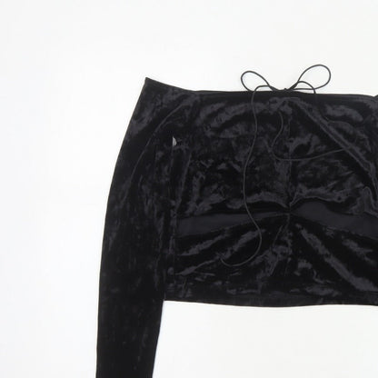 Monki Women Black UK 14 Cropped Off Shoulder Velvet Tie Top