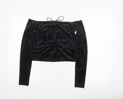 Monki Women Black UK 14 Cropped Off Shoulder Velvet Tie Top