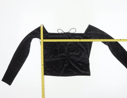 Monki Women Black UK 14 Cropped Off Shoulder Velvet Tie Top