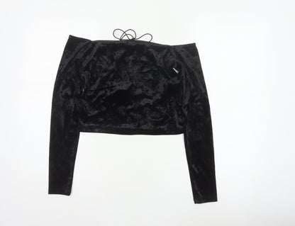 Monki Women Black UK 14 Cropped Off Shoulder Velvet Tie Top