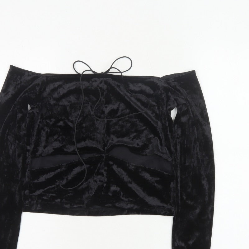 Monki Women Black UK 14 Cropped Off Shoulder Velvet Tie Top