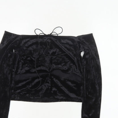 Monki Women Black UK 14 Cropped Off Shoulder Velvet Tie Top