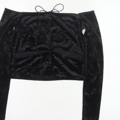 Monki Women Black UK 14 Cropped Off Shoulder Velvet Tie Top