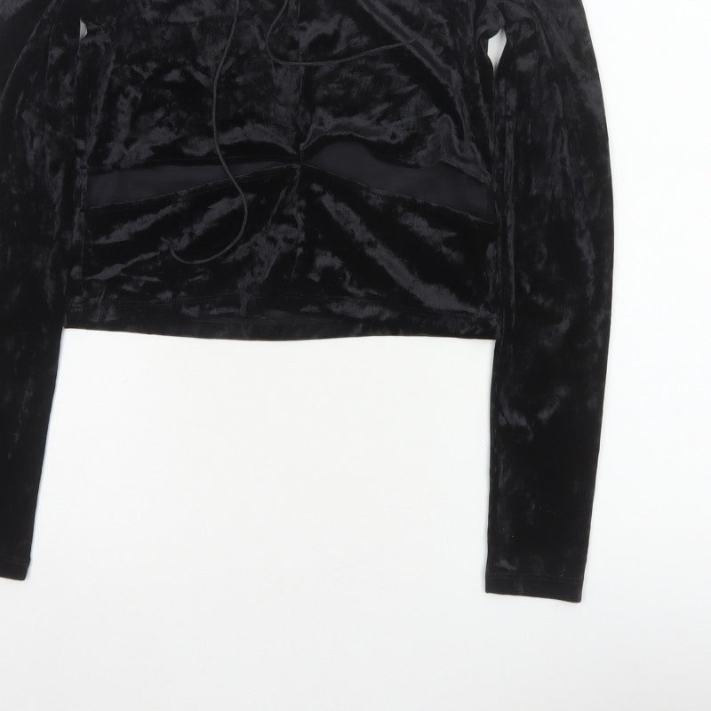 Monki Women Black UK 14 Cropped Off Shoulder Velvet Tie Top