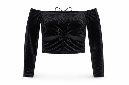 Monki Women Black UK 14 Cropped Off Shoulder Velvet Tie Top