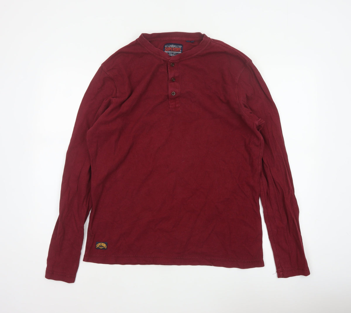 Superdry Men’s Red XL Long Sleeve Cotton Henley Button Top