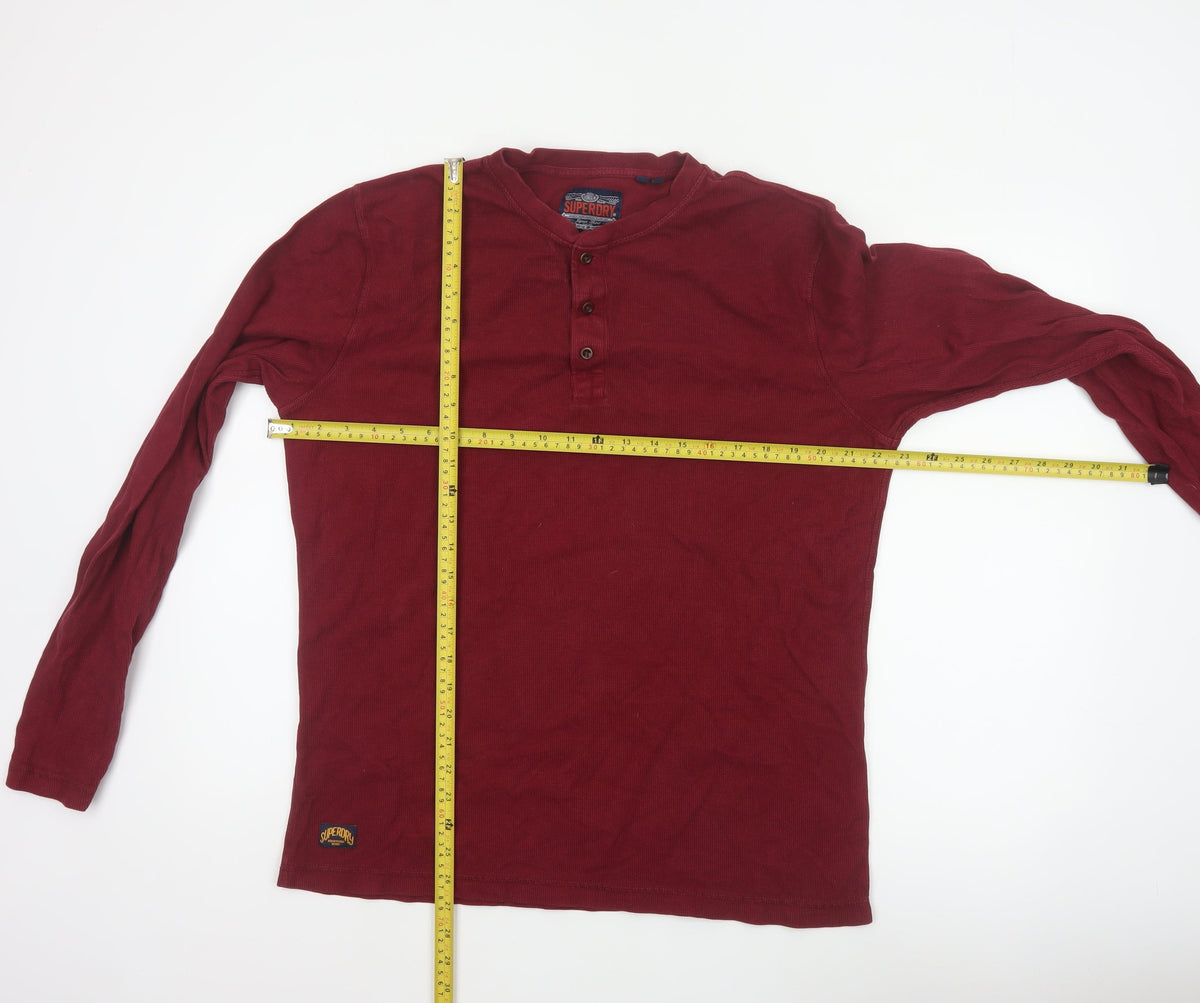 Superdry Men’s Red XL Long Sleeve Cotton Henley Button Top