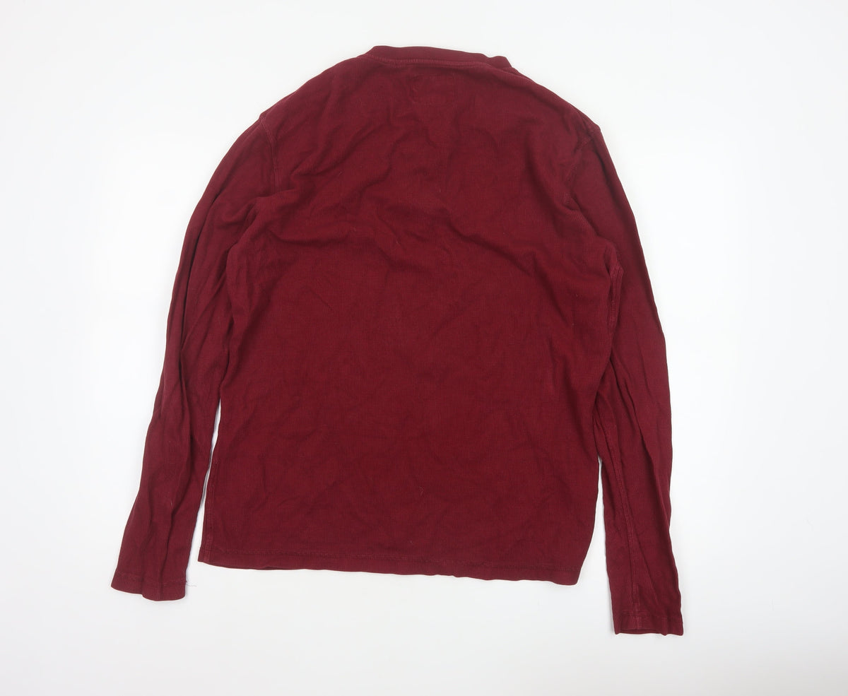 Superdry Men’s Red XL Long Sleeve Cotton Henley Button Top