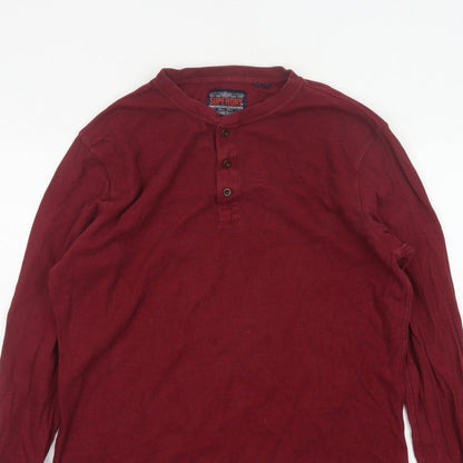 Superdry Men’s Red XL Long Sleeve Cotton Henley Button Top