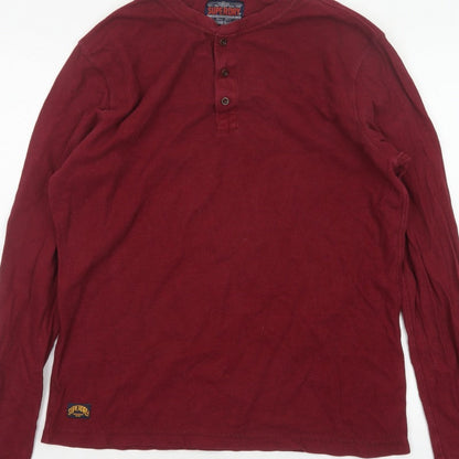 Superdry Men’s Red XL Long Sleeve Cotton Henley Button Top