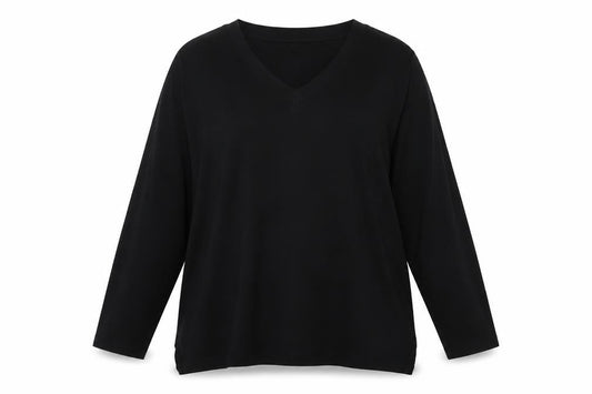 UNIQLO Women Black M Basic V-Neck Long Sleeve Lyocell Blouse