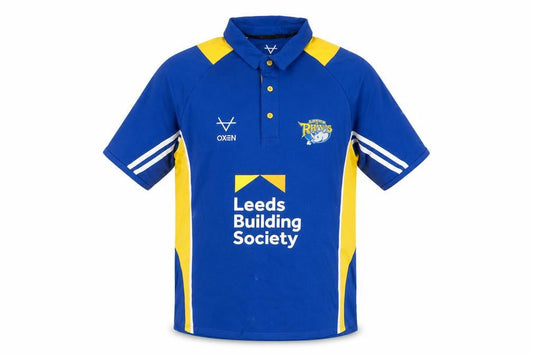 Front view of Oxen Men’s Blue XL Leeds Rhinos Rugby Polo Jersey Shirt