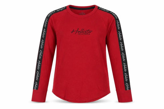 Front view of Hollister Teens Red S Long Sleeve Ribbed Logo Tape T-Shirt California