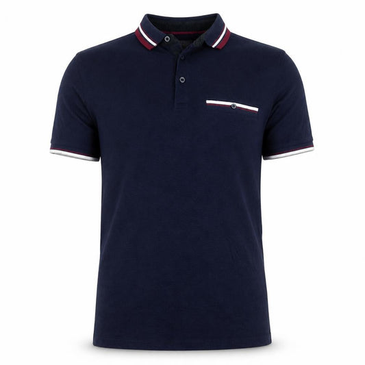 Front view of 2nd Chapter Men's Blue S Cotton Piqué Short Sleeve Polo Contrast Pocket