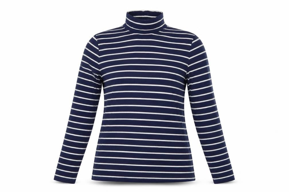 Lands' End Women Blue UK 16 Striped High Neck Long Sleeve T-Shirt