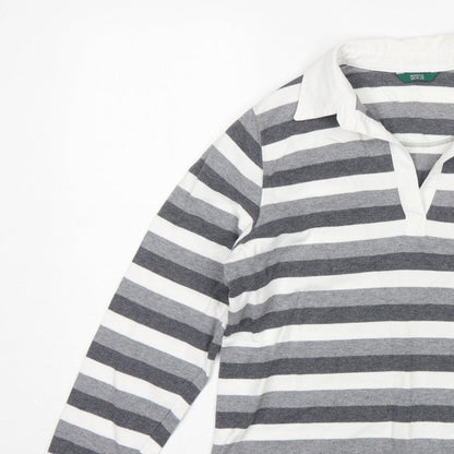 Marks & Spencer Women Grey Stripe Cotton Long Sleeve Polo Top UK 14