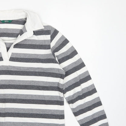 Marks & Spencer Women Grey Stripe Cotton Long Sleeve Polo Top UK 14