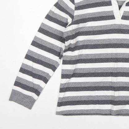 Marks & Spencer Women Grey Stripe Cotton Long Sleeve Polo Top UK 14