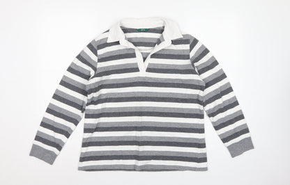 Marks & Spencer Women Grey Stripe Cotton Long Sleeve Polo Top UK 14
