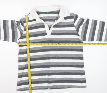 Marks & Spencer Women Grey Stripe Cotton Long Sleeve Polo Top UK 14