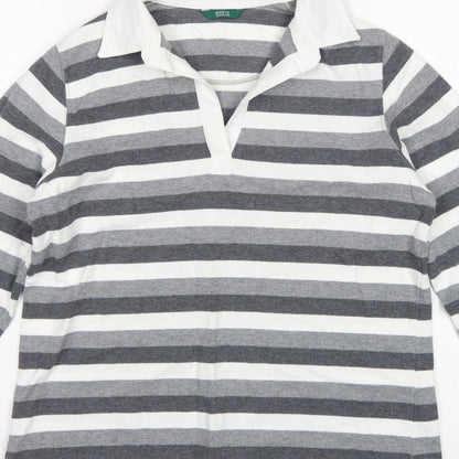Marks & Spencer Women Grey Stripe Cotton Long Sleeve Polo Top UK 14
