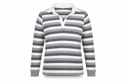 Marks & Spencer Women Grey Stripe Cotton Long Sleeve Polo Top UK 14