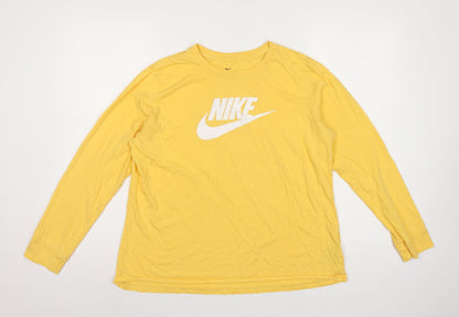 Nike Women Yellow XL Logo Long Sleeve Crew Neck Cotton T-Shirt