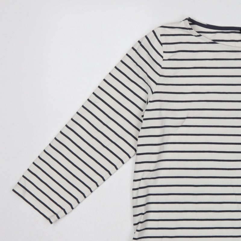 Jaeger Women White Navy Stripe L Jersey Boat Neck Button Top
