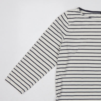 Jaeger Women White Navy Stripe L Jersey Boat Neck Button Top