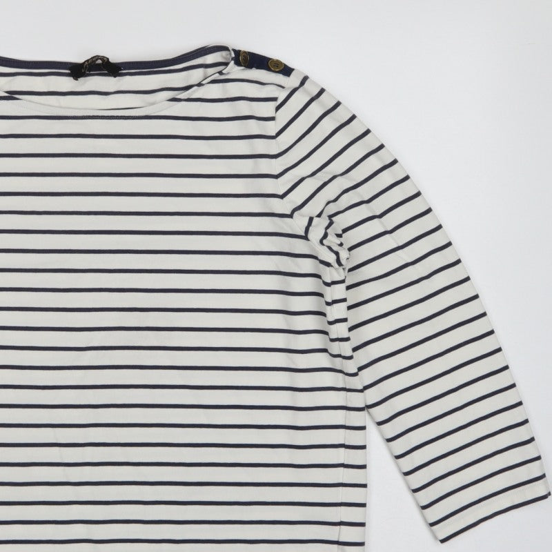 Jaeger Women White Navy Stripe L Jersey Boat Neck Button Top