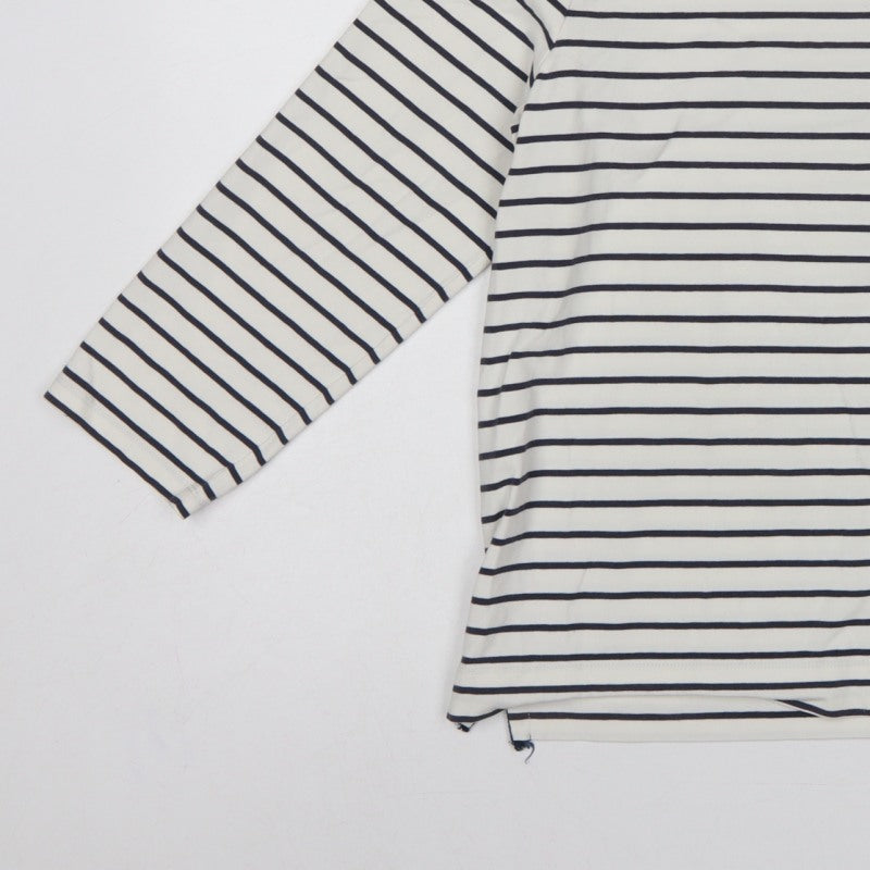 Jaeger Women White Navy Stripe L Jersey Boat Neck Button Top