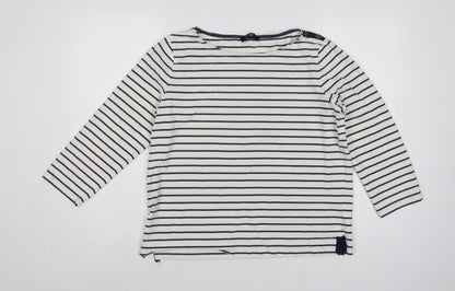 Jaeger Women White Navy Stripe L Jersey Boat Neck Button Top