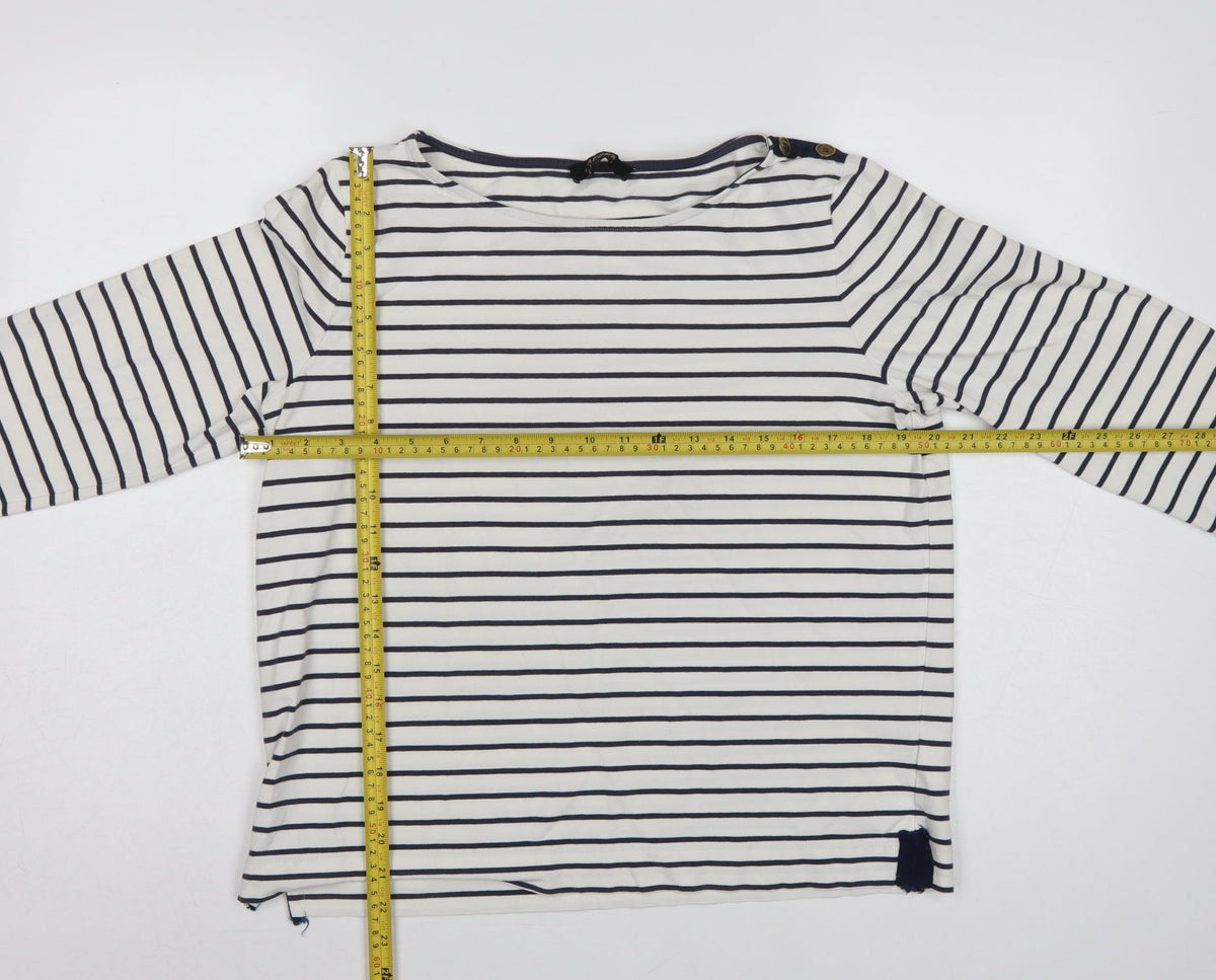 Jaeger Women White Navy Stripe L Jersey Boat Neck Button Top