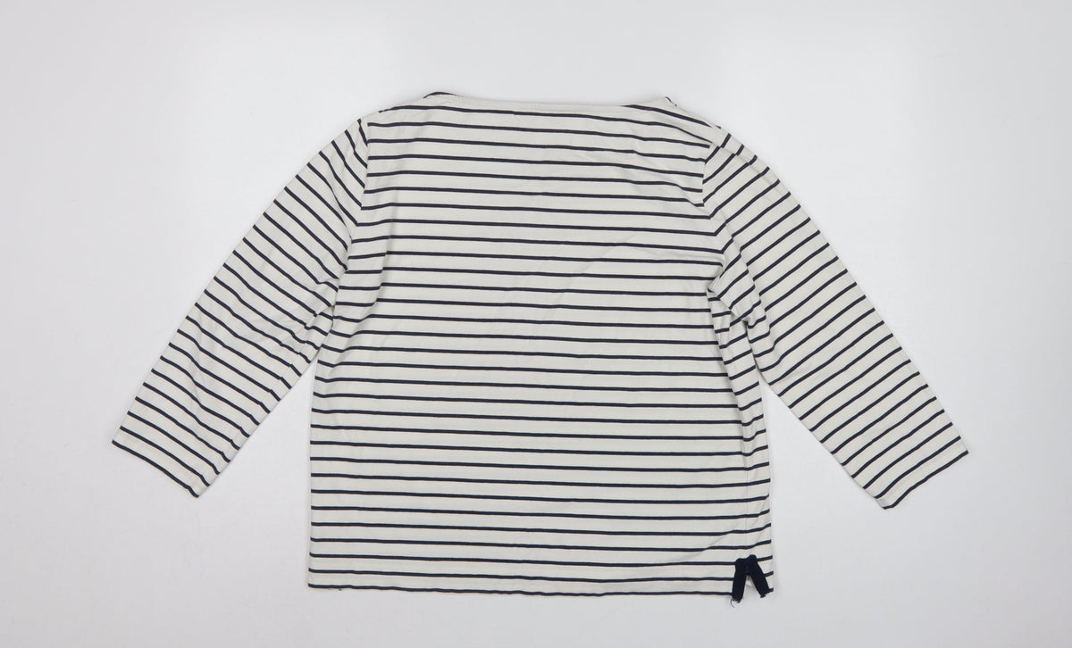 Jaeger Women White Navy Stripe L Jersey Boat Neck Button Top