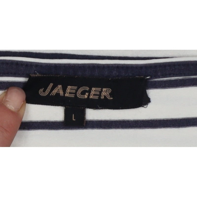 Jaeger Women White Navy Stripe L Jersey Boat Neck Button Top