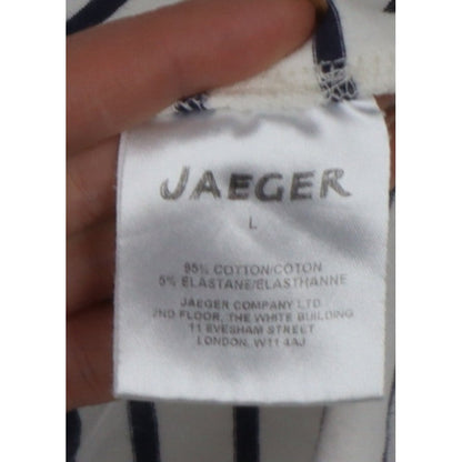 Jaeger Women White Navy Stripe L Jersey Boat Neck Button Top