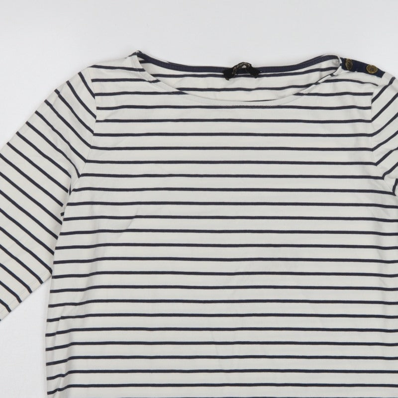 Jaeger Women White Navy Stripe L Jersey Boat Neck Button Top