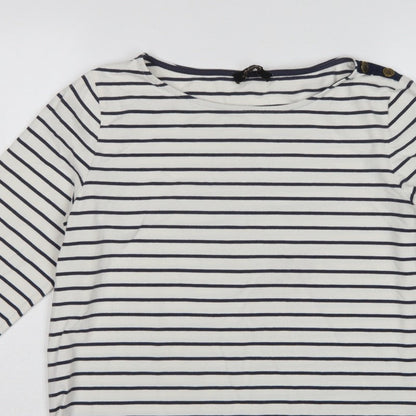 Jaeger Women White Navy Stripe L Jersey Boat Neck Button Top