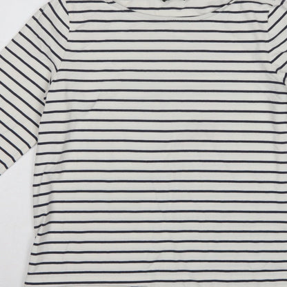 Jaeger Women White Navy Stripe L Jersey Boat Neck Button Top