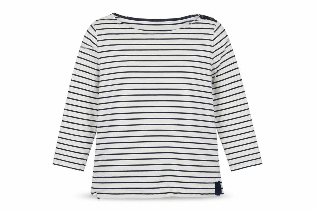 Jaeger Women White Navy Stripe L Jersey Boat Neck Button Top