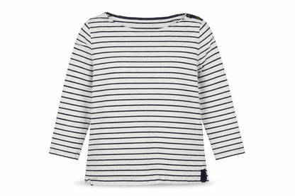 Jaeger Women White Navy Stripe L Jersey Boat Neck Button Top