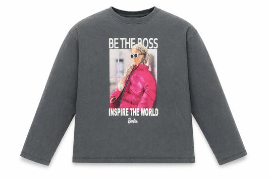 Front view of Zara girls’ grey barbie graphic long sleeve t-shirt 9-10 years