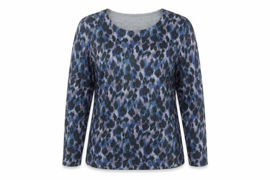 Bassini Women’s Blue Animal Print Long Sleeve Jersey T-Shirt Size L
