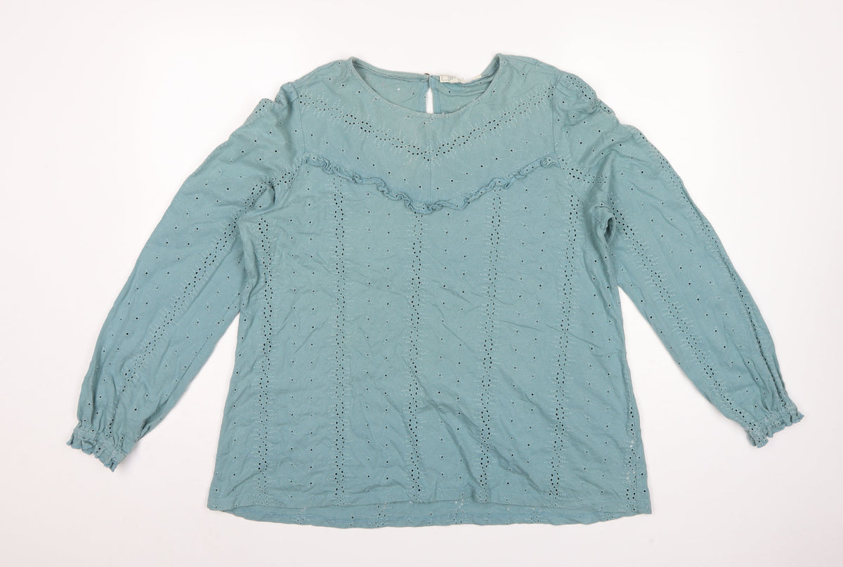 FatFace Women Blue UK 14 Cotton Broderie Anglaise Ruffle Blouse