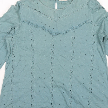FatFace Women Blue UK 14 Cotton Broderie Anglaise Ruffle Blouse