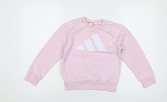 Back view of adidas girls’ pink 7-8 years pullover logo sweatshirt crew neck
