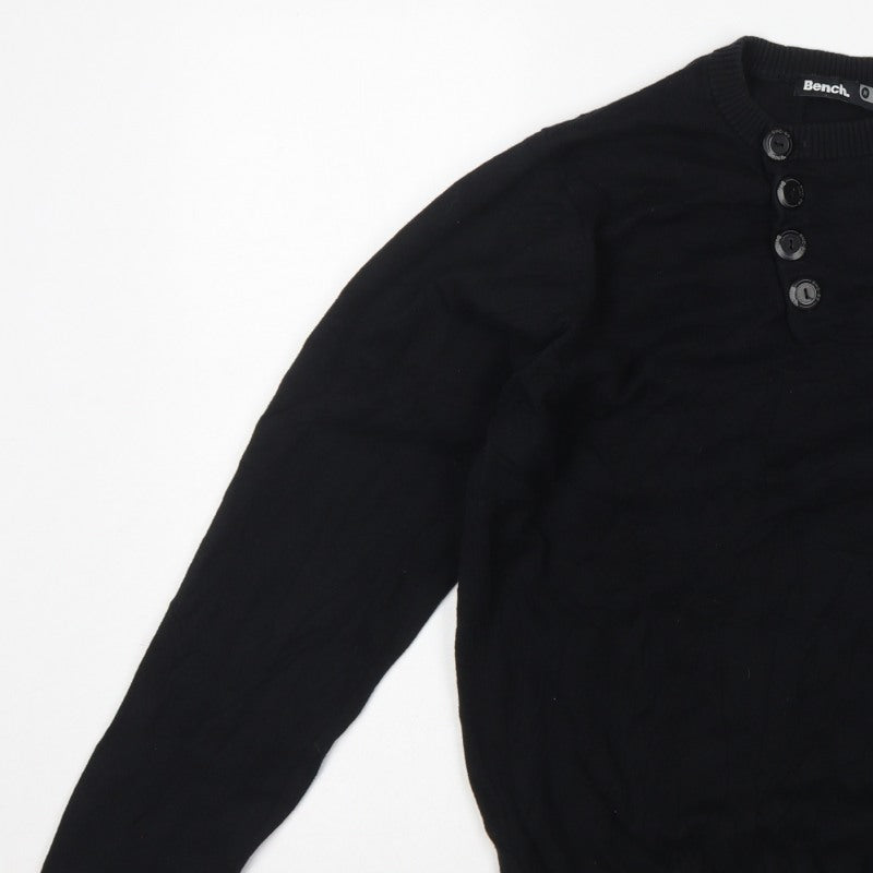 Bench Men's Black Medium Cotton Henley Button Knit Jumper Logo